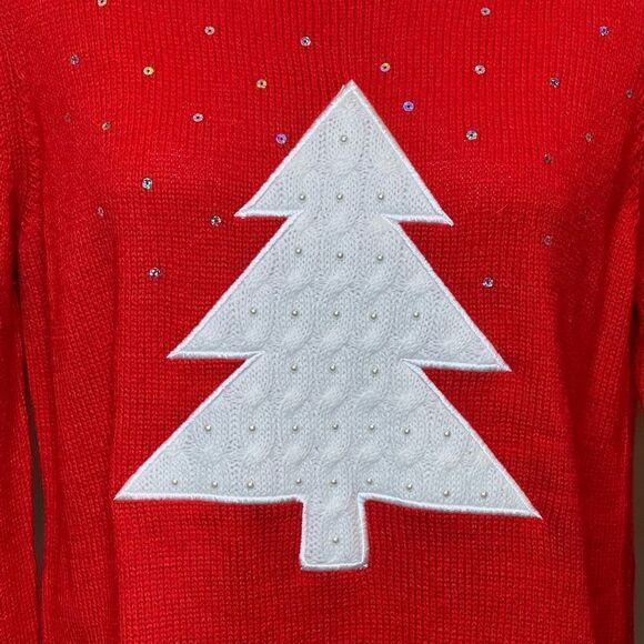 Croft & Barrow red crew neck Christmas sweater with white tree and pearls size L - Picture 2 of 15